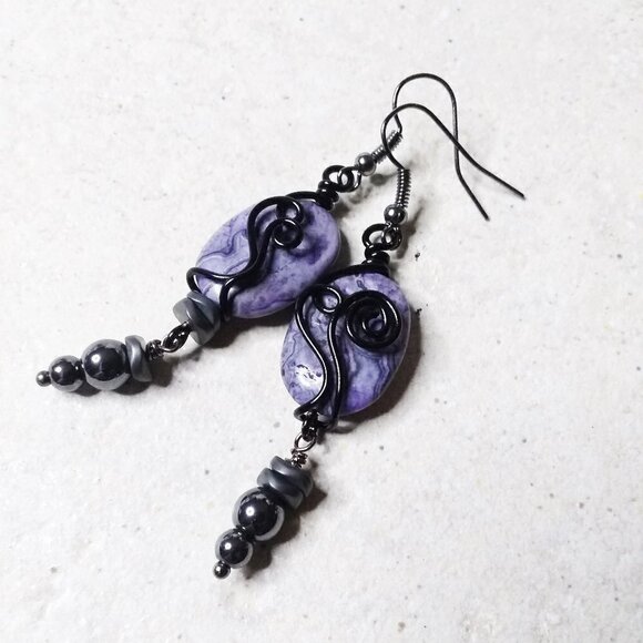 Smokey Gray + Lavender! Asymmetrical + Wire Wrapped! Crazy Lace Agate + Hematite - Picture 1 of 6